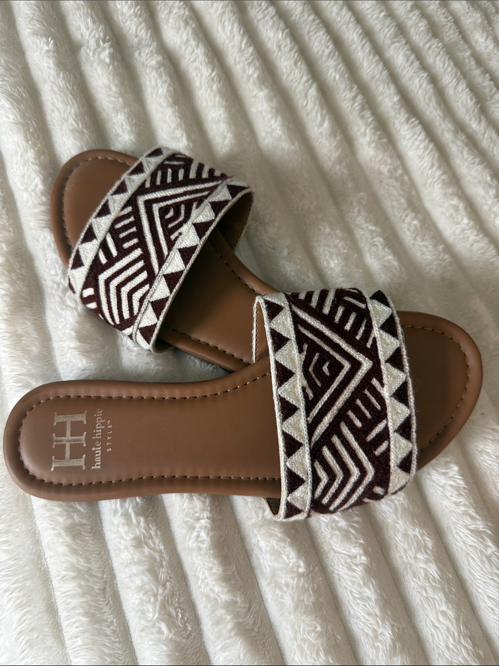Haute Hippie Maroon & Cream Geometric Slide Sandals
